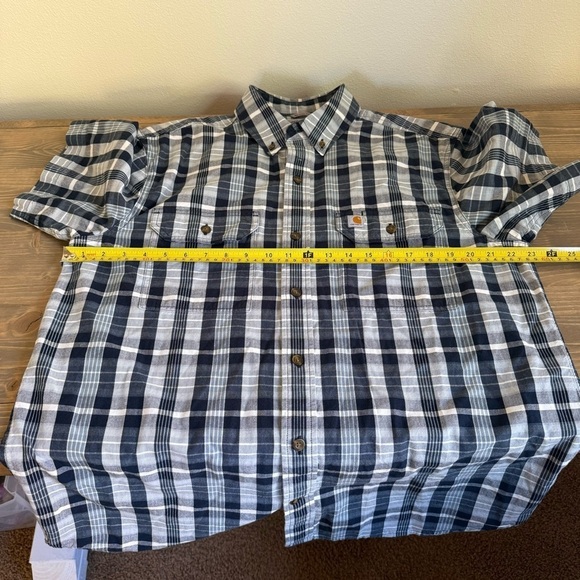 Carhartt Men's Large Relaxed Fit Blue White Plaid Short Sleeve Button Down Shirt - Picture 6 of 7
